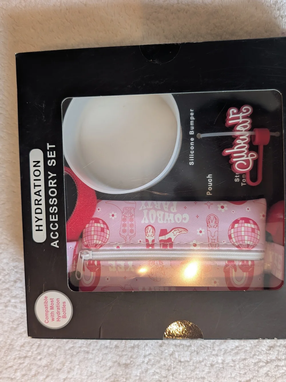 Pink Disco Cowboy Hydration Accessory Set ✨ Howdy Straw Topper, Bumper & Pouch